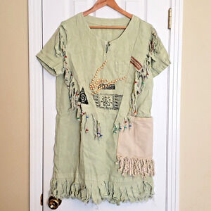 Green Linen Womens Dress Boho Peasant Hippie Art To Wear Bead L See Measurements